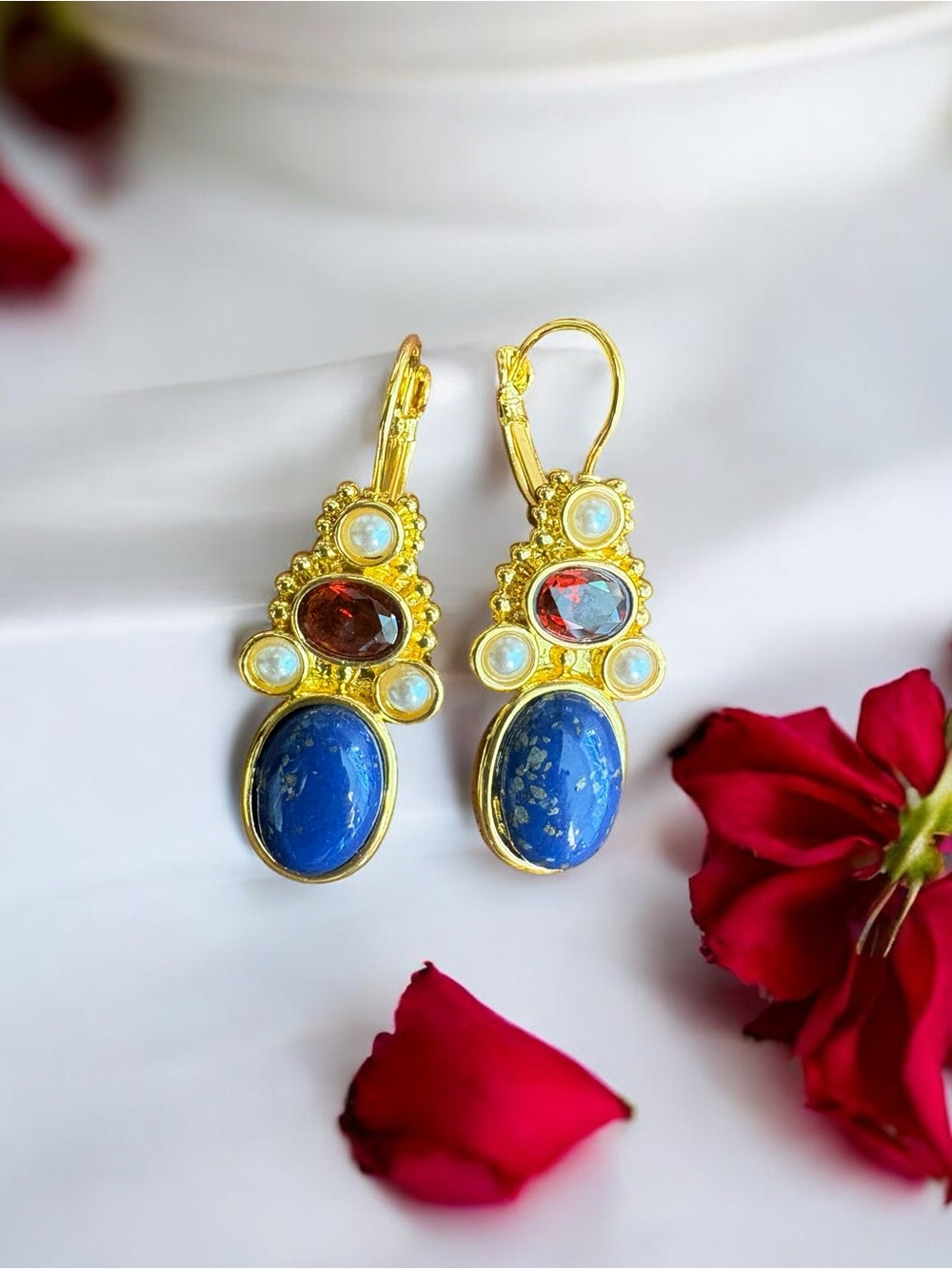 Gold-Tone Blue Drop Earrings with Red and Pearl Accents